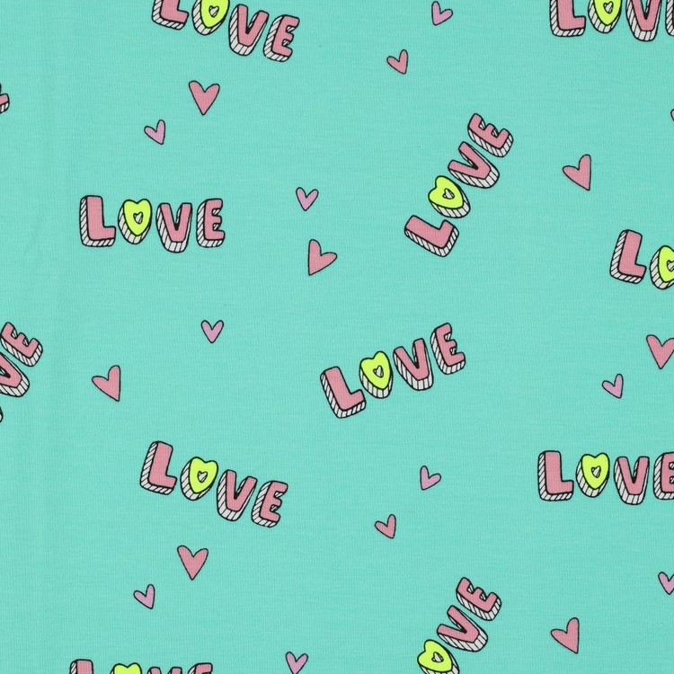 Cotton Jersey Fabric with Neon Love Text on Aqua Blue