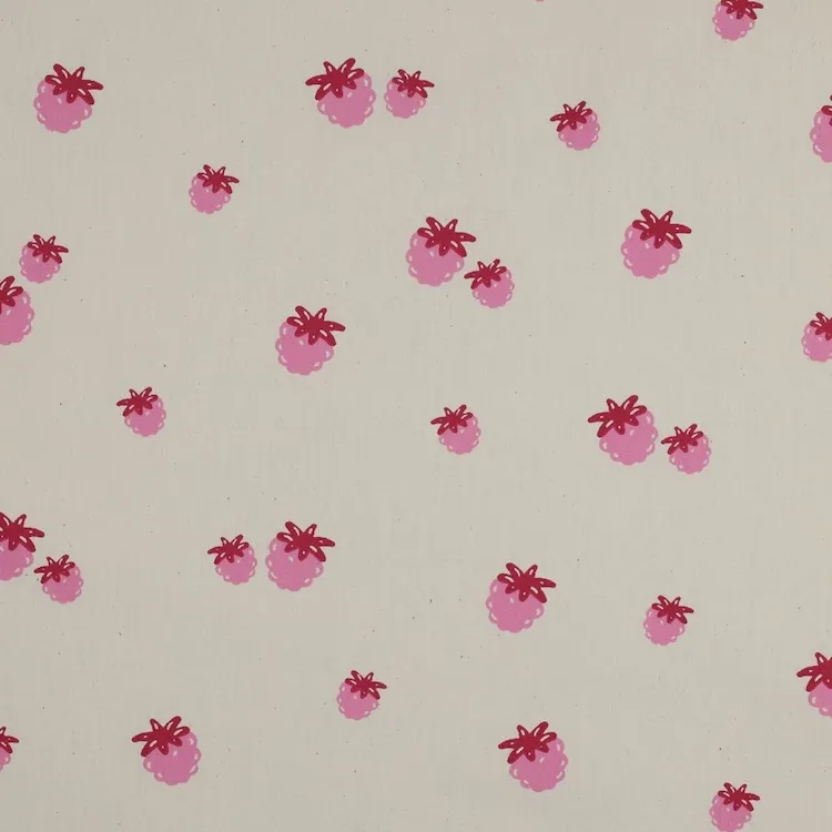 Organic Cotton Poplin Fabric with Raspberries on Natural Ecru