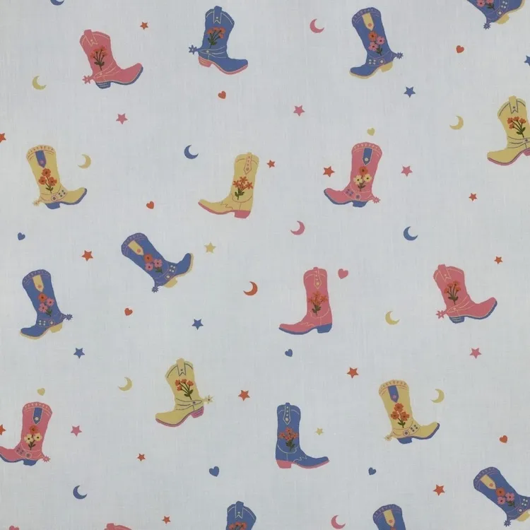 Cotton Poplin Fabric with Cowboy Boots on White