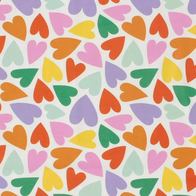 Cotton Jersey Fabric with Coloured Hearts on White Jersey