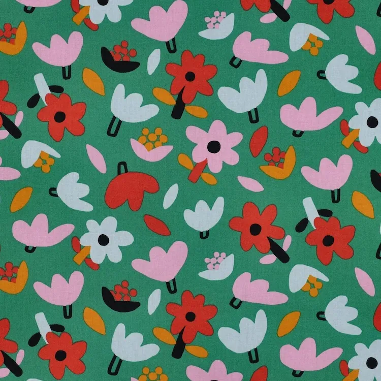 Organic Cotton Poplin Fabric with Modern Flowers on Green