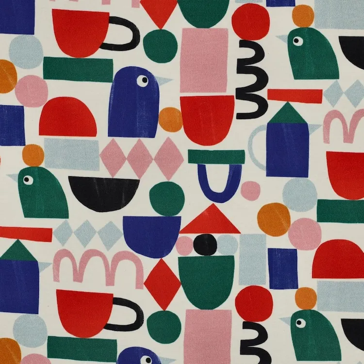French Terry Fabric with Graphic Shapes and Bird s on Cream