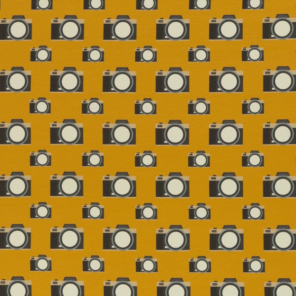 French Terry Fabric with Retro Cameras On Mustard Yellow