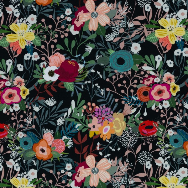 French Terry Fabric with Large Floral On Black