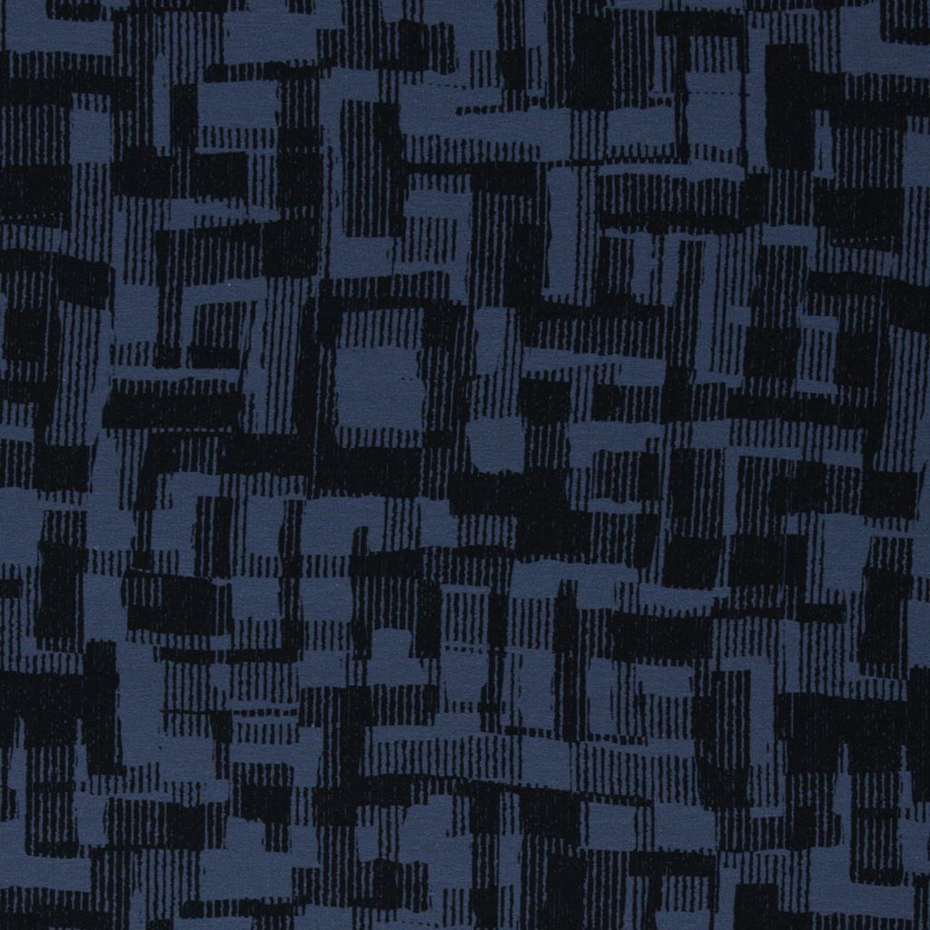 French Terry Fabric with Abstract Black Lines On Blue