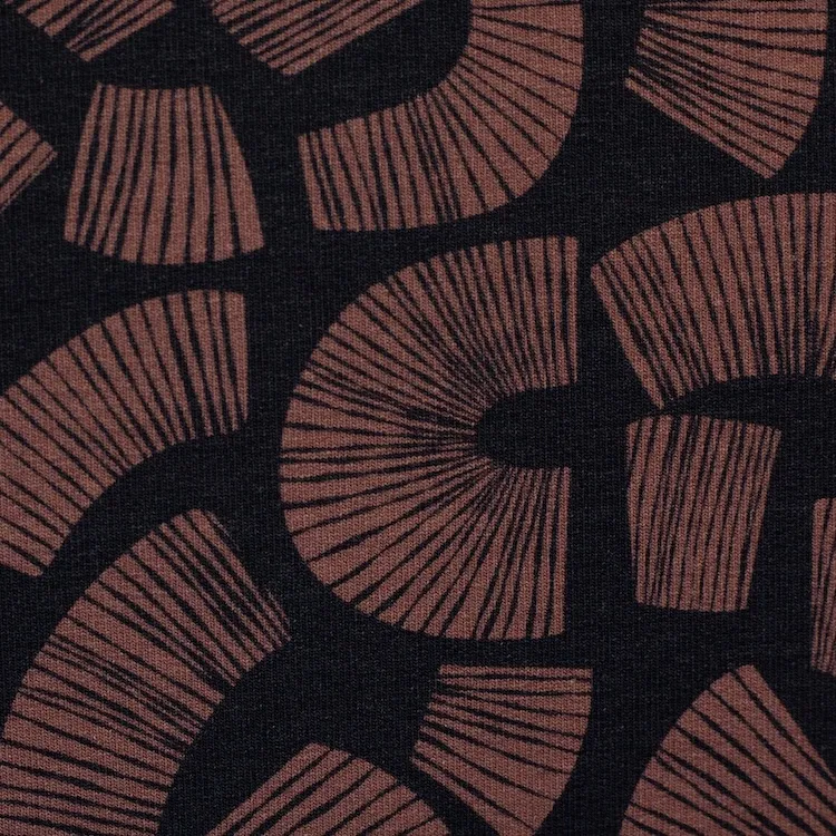 Cotton Modal Blend French French Terry Fabric with Blush Pink Abstract Fans on Charcoal Black
