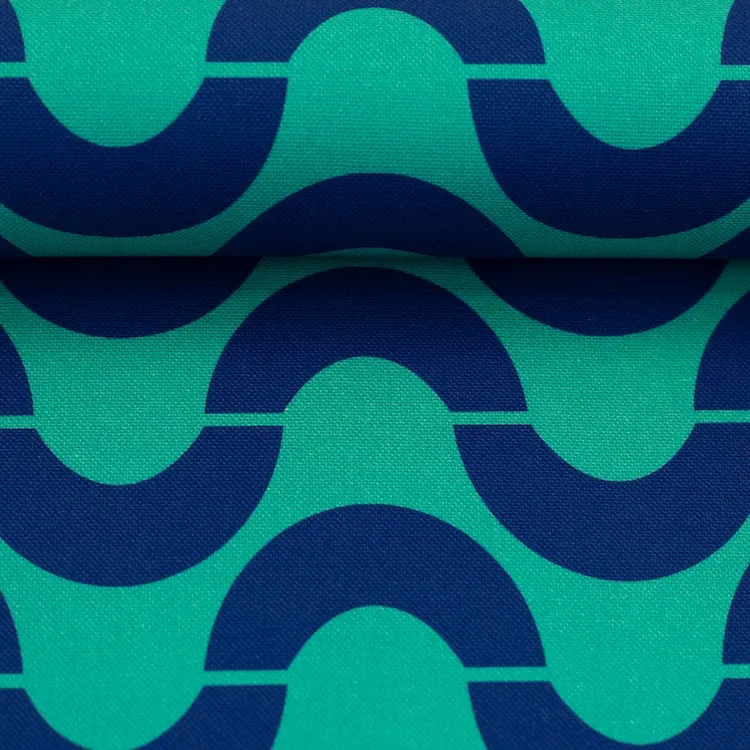 Cotton Canvas in Turquoise with Blue Wave Pattern