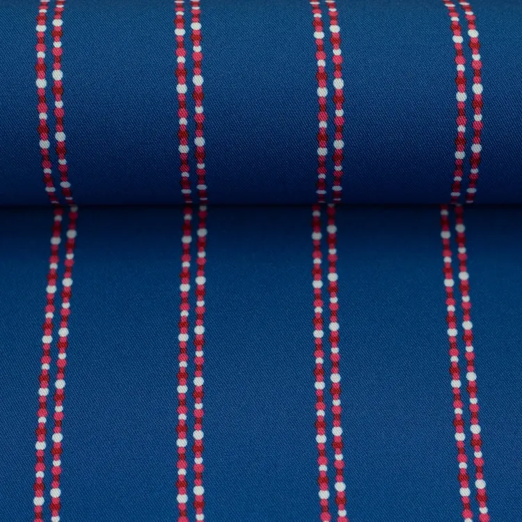 Viscose Fabric with Red Dot Stripes on Blue