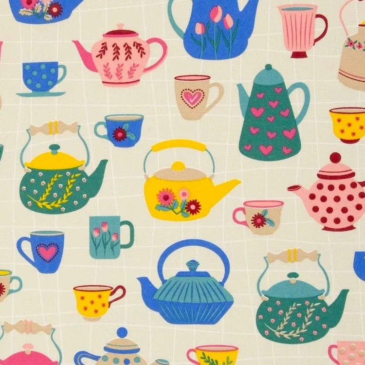 Cotton Blend Canvas Fabric with Colourful Teapots on Cream