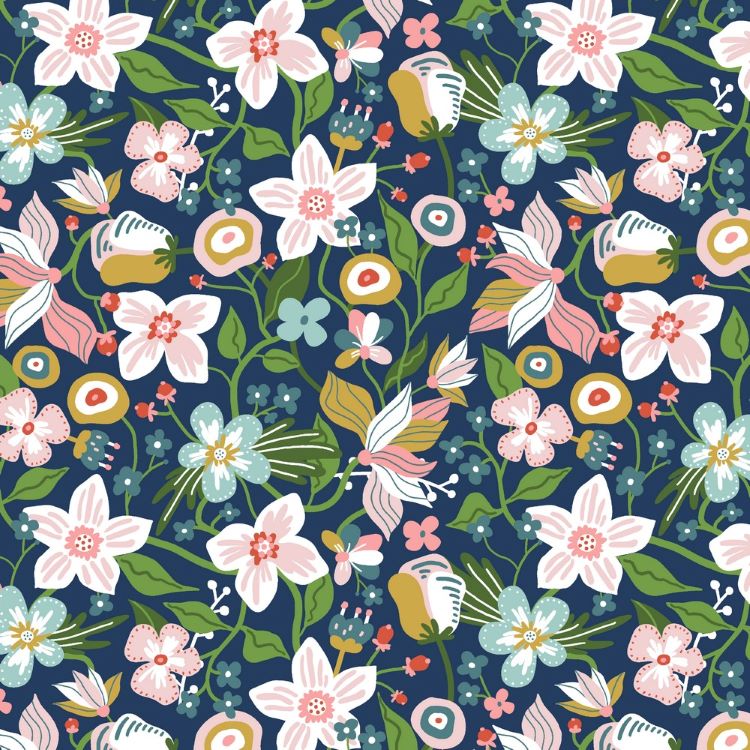 Soft Sweat Jersey Fabric with Spring Flowers on Blue