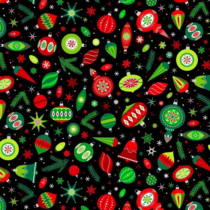 Quilting Fabric - Christmas Baubles on Black with Metallic Accents from Christmas Magic by Patrick Lose for Northcott 10025M-99