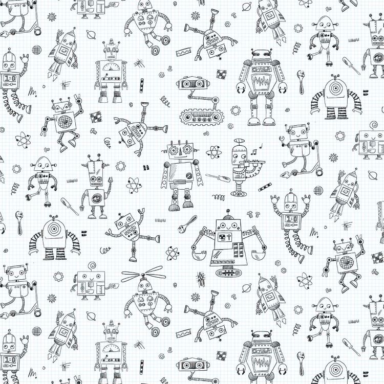 Quilting Fabric - Sketch Robots on White Grid from Rollicking Robots by Patrick Lose for Northcott 10035-10