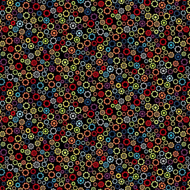 Quilting Fabric - Colourful Gears on Black from Rollicking Robots by Patrick Lose for Northcott 10039-99