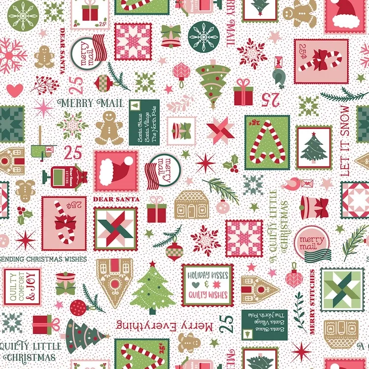 Quilting Fabric - Christmas Stamps on White by Kimberbell from A Quilty Little Christmas for Maywood Studio MAS10574 W