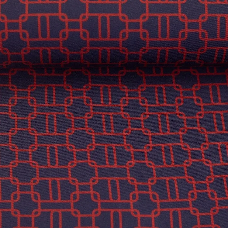 Viscose Fabric with Red Chain On Navy Blue