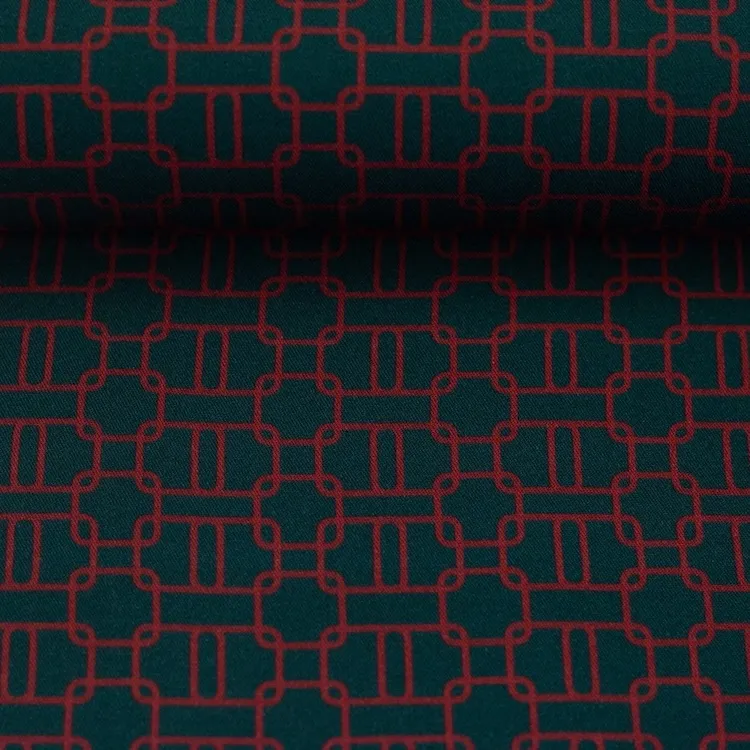 Viscose Fabric with Red Chain On Forest Green