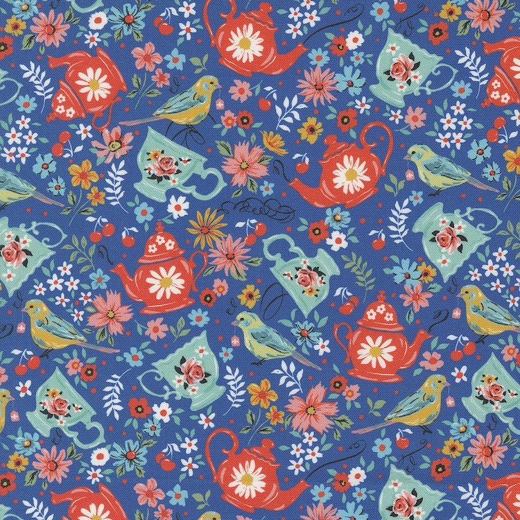 Quilting Fabric - Floral Birds and Delft on Blue from Julia by Crystal Manning for Moda 11921 12