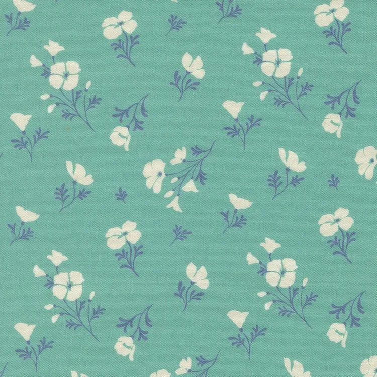 Quilting Fabric - White Flowers on Aqua Blue from Cannon Beach by Crystal Manning for Moda 11974 14
