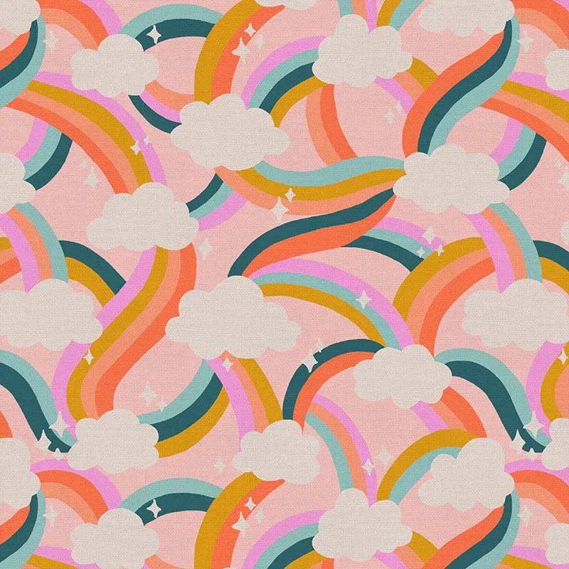 Quilting Fabric - Rainbow Clouds on Pink from Dino Daydreams by Iris + Sea for Paintbrush Studio 12023485