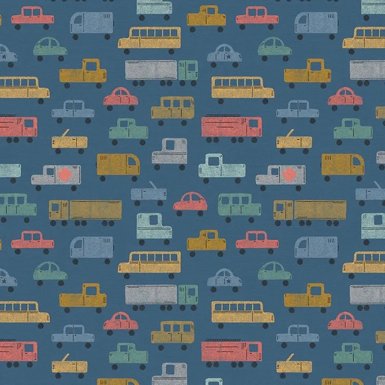Quilting Fabric - Vehicles on Blue from Driveway Days by Stacy Ward for Paintbrush Studios 12024667