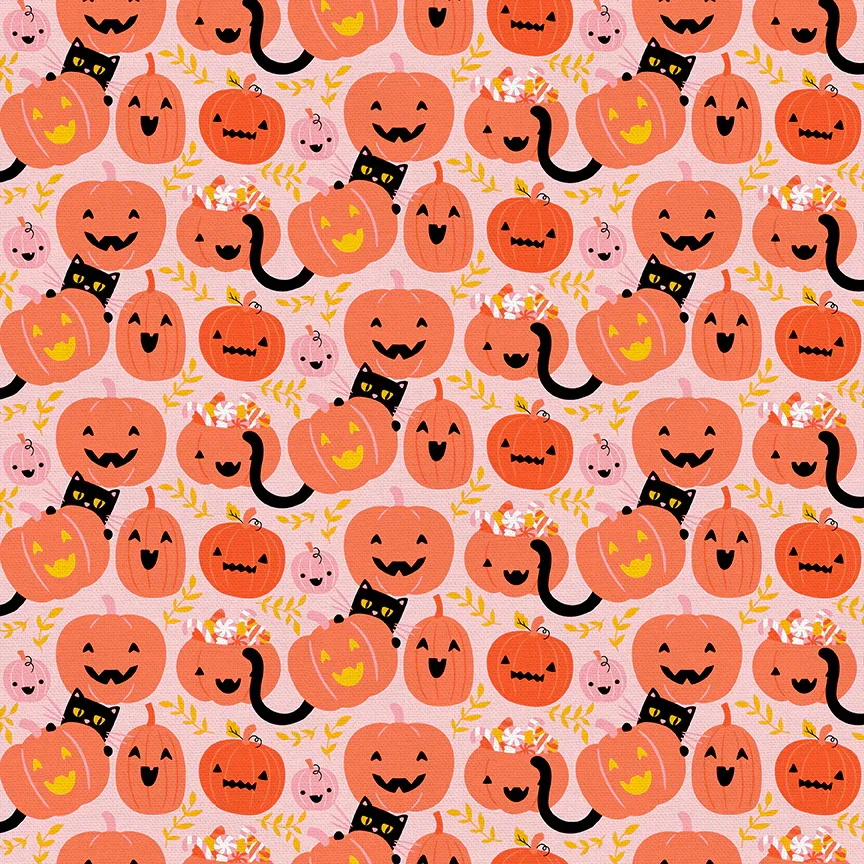 Quilting Fabric - Pumpkins and Cats on Pink from Mystical Manor by PBS Fabrics 12024687