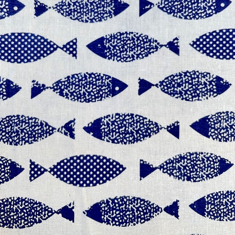 Canvas Fabric with Blue Fish On Off White 