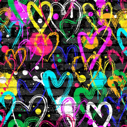 Quilting Fabric - Graffiti Hearts on Black by Weekday Best for 3 Wishes 19140 