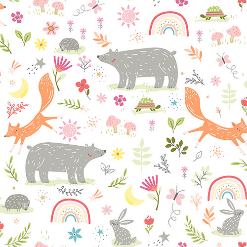 Flannel Fabric - Forest Animals on White by Kate Yost for 3 Wishes F19190