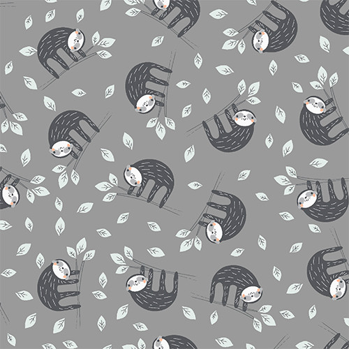 Flannel Fabric - Hanging Sloths on Grey by Kate Yost for 3 Wishes F19196