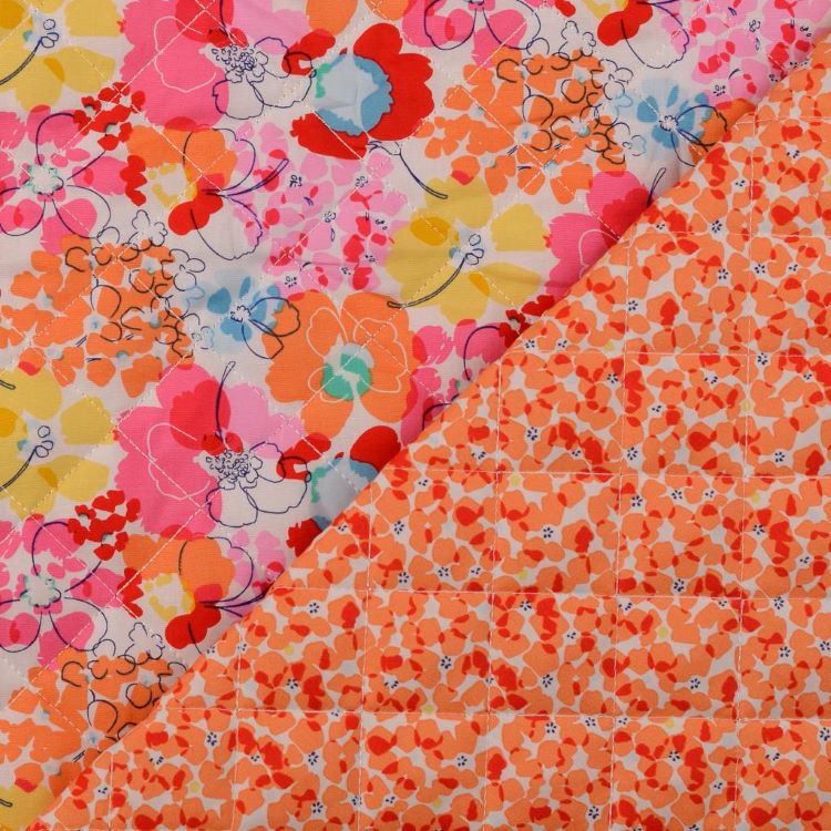Reversible Cotton Quilted Fabric with Floral Print in Orange Tones