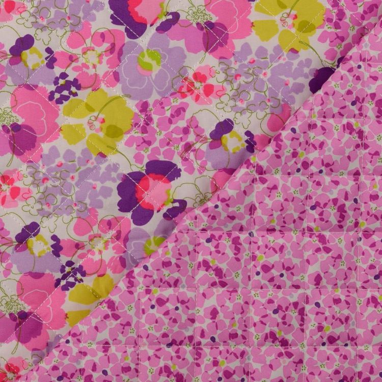Reversible Cotton Quilted Fabric with Floral Print in Purple Tones