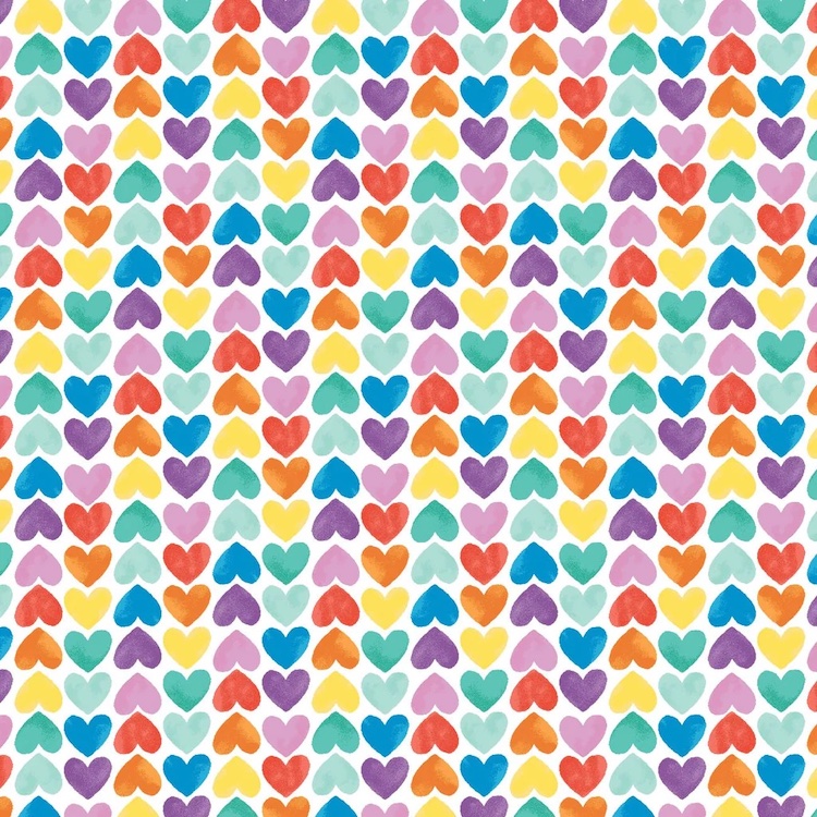 Quilting Fabric - Colourful Hearts on White from Art Class by CDS for Camelot 21200113-01