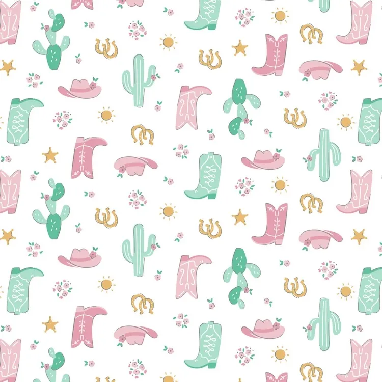 Quilting Fabric - Cowboy Boots on White from Rodeo Rose by Camelot Fabrics 21240301-01