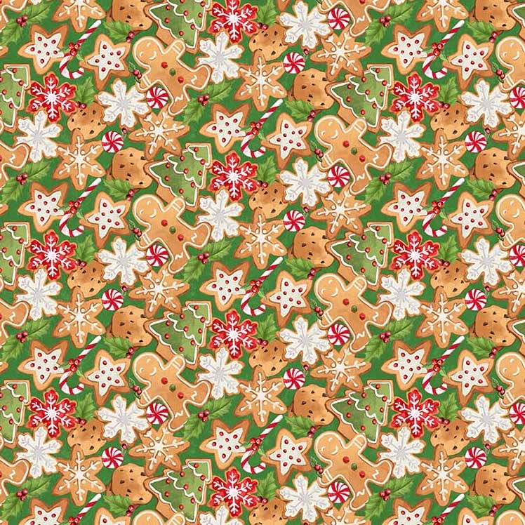Quilting Fabric - Gingerbread Cookies on Green from Christmas Wonder by Bea Jackson for Northcott 25318-10