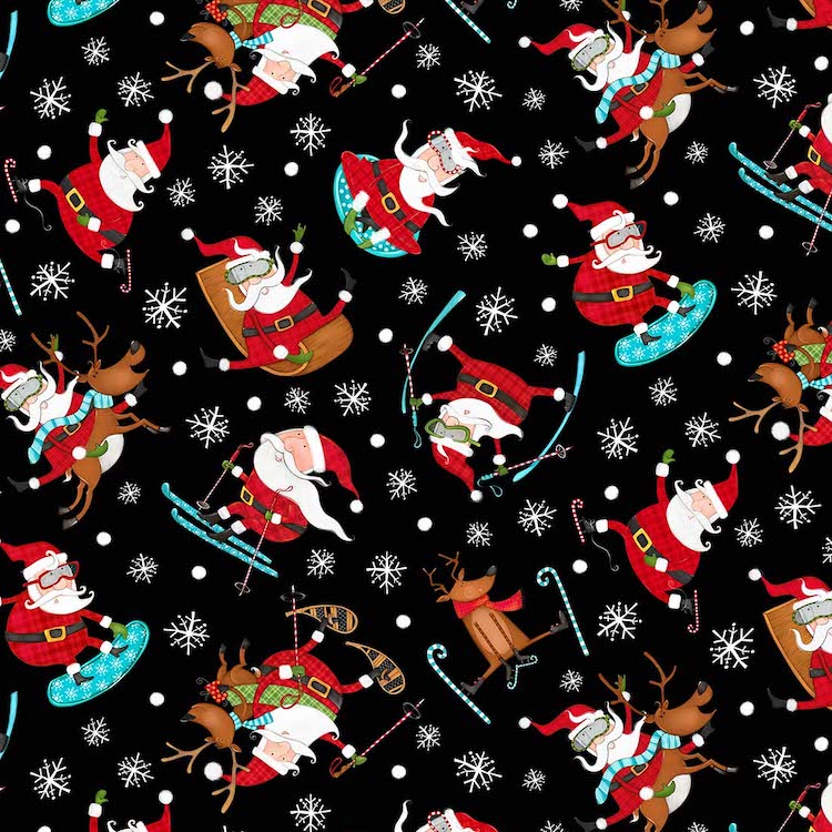 Quilting Fabric - Skiing Santa on Black from Extreme Santa by Bonnie Lemaire for Northcott 25439-99