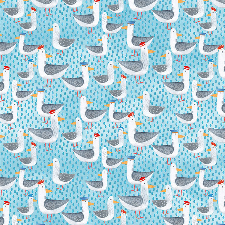 Quilting Fabric - Seagulls on Blue from Out to Sea by Hafsa Iftikhar for Northcott 26654-43