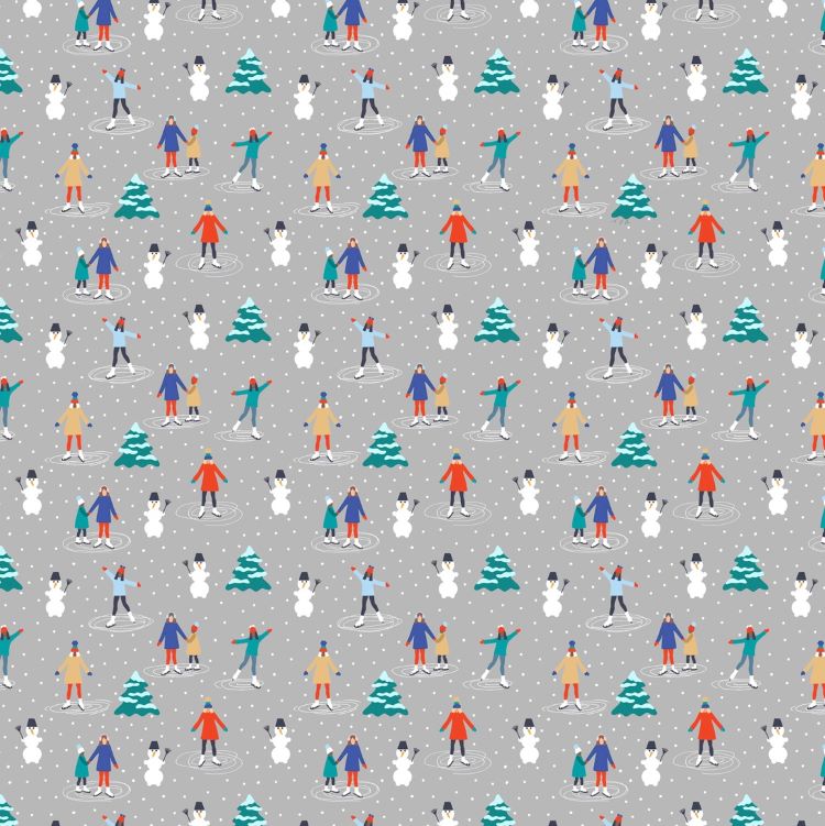 Quilting Fabric - Skaters on Grey from Wintertime Joy by Maria Vaschuck of Ink and Arrow for Quilting Treasures 28416 -K