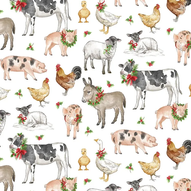 Quilting Fabric - Farm Animals on White from Barnyard Christmas by Deborah Edwards for Northcott 28802-10
