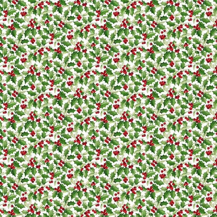 Quilting Fabric - Holly on White from Barnyard Christmas by Deborah Edwards for Northcott 28805-10