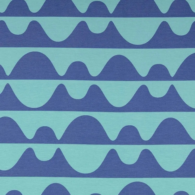 French Terry Cotton Fabric with Large Wavy Stripes in Blues