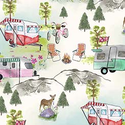 Quilting Fabric - Campervan Scenes on Cream from Happy Campers by Tina Cordia for Quilting Treasures 29514 -E 