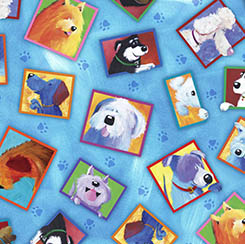 Quilting Fabric - Dog Frame Toss on Blue from Dog Talk by Laurie Stein for Quilting Treasures 29531 -B