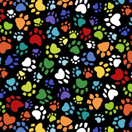 Quilting Fabric - Colourful Paw Prints On Black from Cat Chat by Laurie Stein for Quilting Treasures 29533 -J