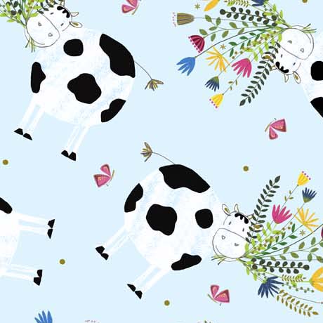 Quilting Fabric - Floral Cows on Blue from Cow Party by Turnowsky for Quilting Treasures 29654-B