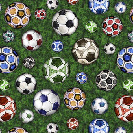 Quilting Fabric - Soccer Balls on Green from Just For Kicks by Dan Morris for Quilting Treasures 29752-G