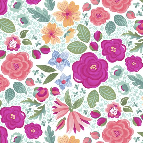 Quilting Fabric - Floral on White from Lollie's Garden by Maddalee Studios for Quilting Treasures 29886Z