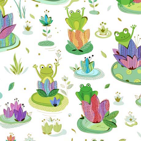 Quilting Fabric - Frogs on Lily Pads on White from Froggy Pond by Turnowsky for Quilting Treasures 29945-Z