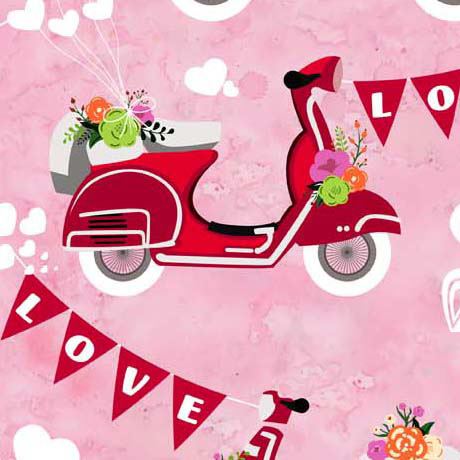 Quilting Fabric - Mopeds on Pink from Sweet Valentine by Kate Ward Thacker for Quilting Treasures 30022-P