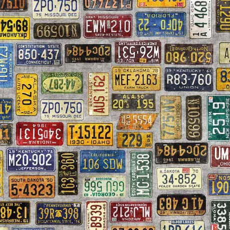 Quilting Fabric - License Plates on Grey from Heavy Metal by Morris Creative for Quilting Treasures 30709 -K