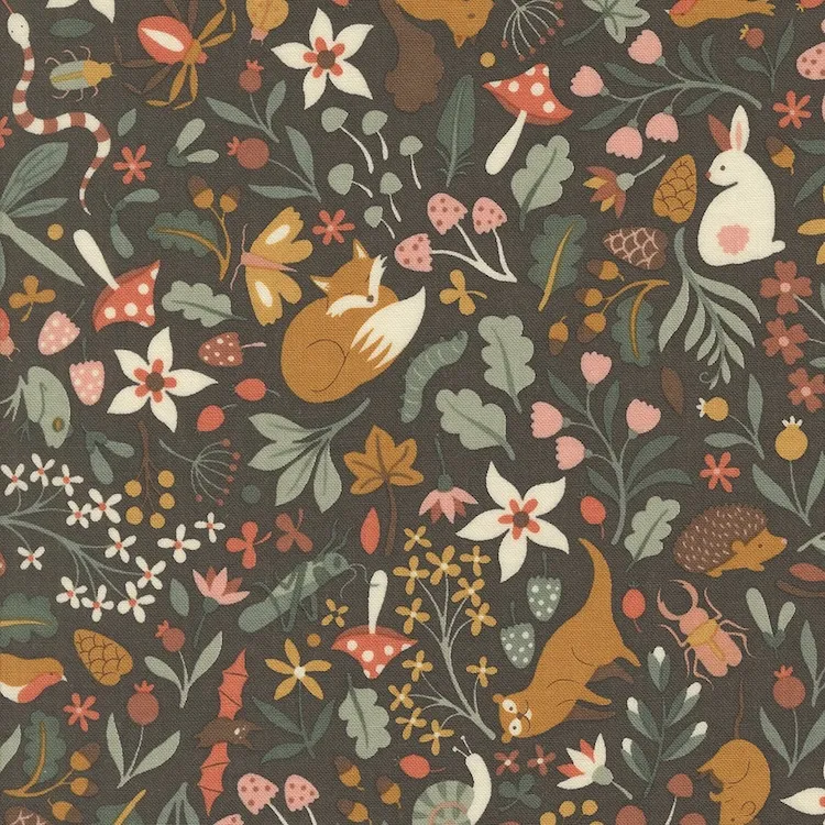 Quilting Fabric - Woodland Fauna on Charcoal Black from Acorn Hollow by BasicGrey for Moda 30760 12